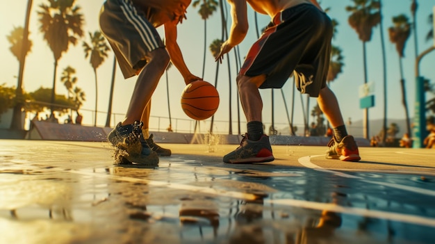 Low-Angle-Shot-Street-Basketball-Close-Up von Spielern, Händen und Füßen auf einem Außenplatz am Meer