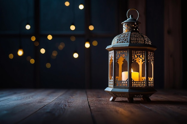 Low-Light-Studio-Setup-Aufnahme einer beleuchteten Laterne, die Ramadan Kareem oder Eid Mubarak-Feiern zeigt