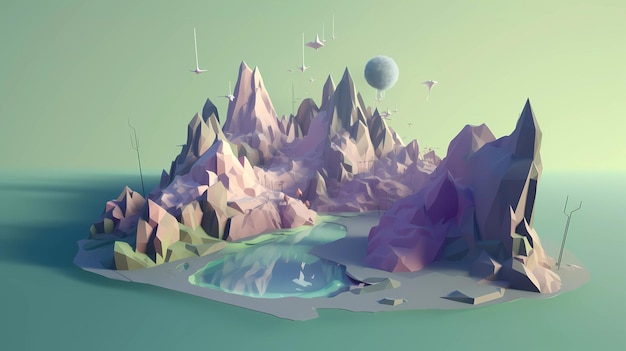 Low poly 3D Paisaje de montaña minimalista_ Generative Ai