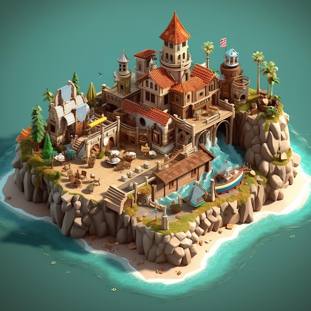 Foto low poly castle sea island ocean juego isométrico escena ortográfica sculpt 3d elementos de alto diseño