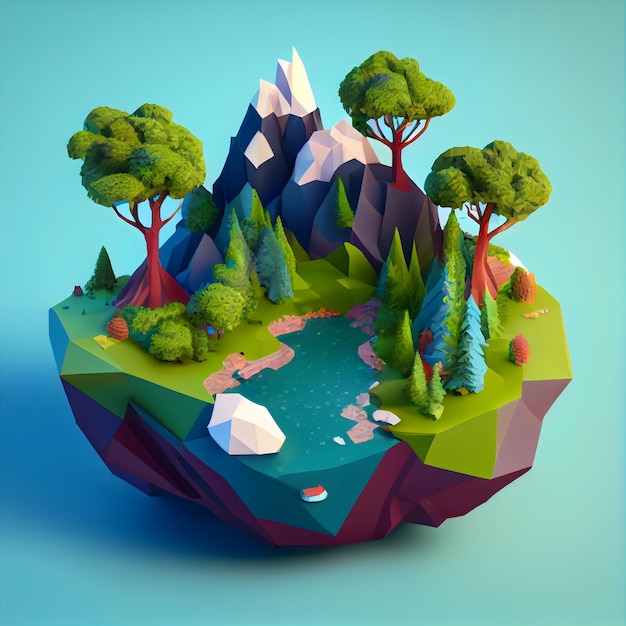 Low-Poly-Darstellung einer Landschaft mit einem Berg- und Seespielkonzept Landschaft generativer ai