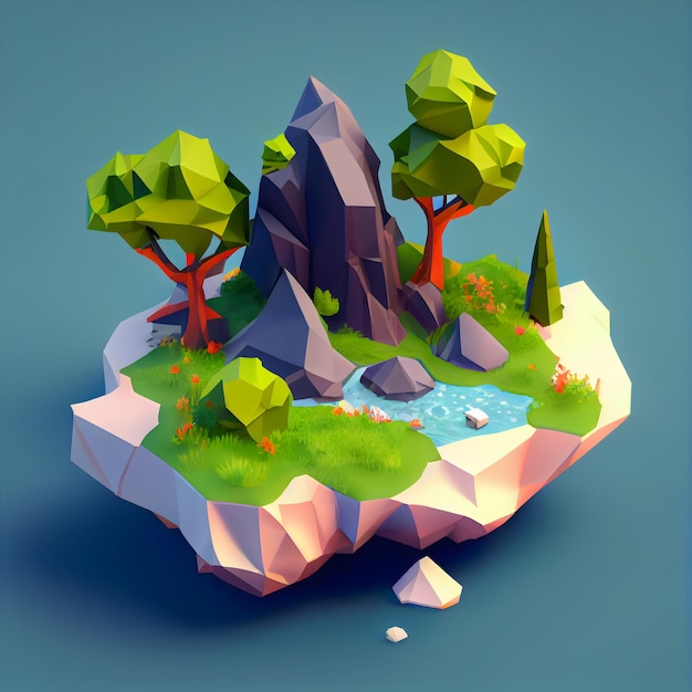 Low-Poly-Darstellung einer Landschaft mit einem Felsen- und Seespielkonzept Landschaft generative ai