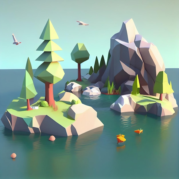 Low-Poly-Darstellung einer Landschaft mit einer generativen KI aus Bergen und Meer