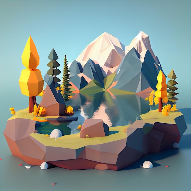 Low-Poly-Darstellung einer Landschaft mit einer generativen KI aus Bergen und Seen