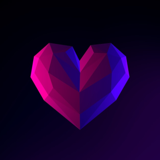 Low-Poly-Herz-Neon-Symbol. 3D-Rendering-UI-UX-Schnittstellenelement. Dunkel leuchtendes Symbol.