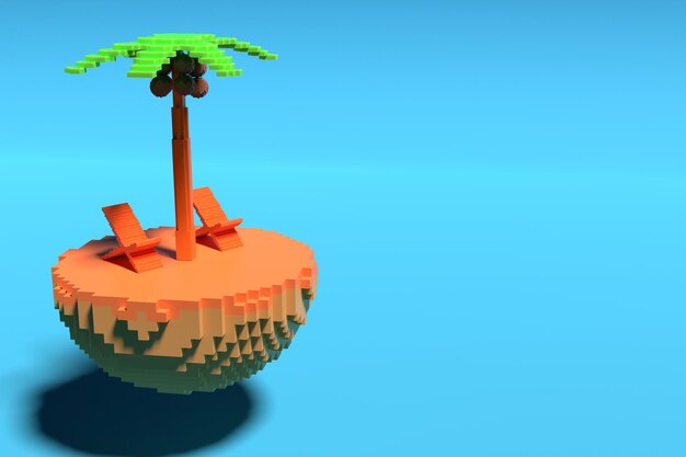 Low-Poly-Insel mit Palme und Sonnenliege auf blauem Hintergrund Das Konzept der Ferien Sommerferien Ort für Text 3D-Rendering