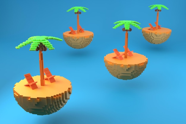 Low-Poly-Inseln mit Palme und Liegestuhl auf blauem Hintergrund Das Konzept der Ferien Sommerferien 3D-Rendering
