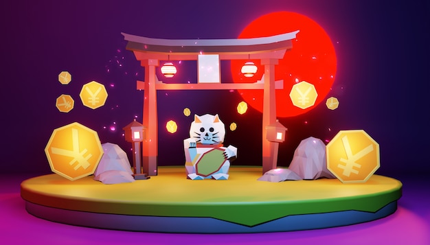 Low Poly - Japanisch auf der Insel. 3D-Rednering