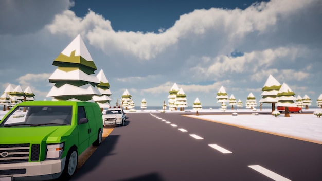 Low-Poly-Landschaft mit Autos auf einer Straße und einer natürlichen Umgebung im Hintergrund 3D-Rendering