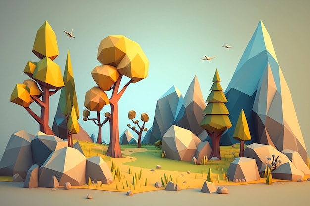 Low-Poly-Landschaft mit Bäumen und Bergen im Hintergrund.