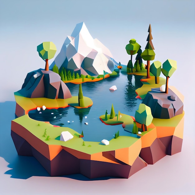 Low poly render de un paisaje con montañas y lago generativo ai