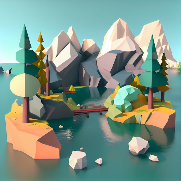 Low poly render de un paisaje con montañas y lago generativo ai