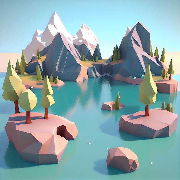 Low poly render de un paisaje con montañas y lago generativo ai