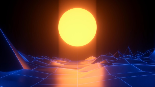 Low-Poly-Retro-Stil, abstrakter futuristischer Hintergrund mit Sonnenuntergang - 3D-Rendering