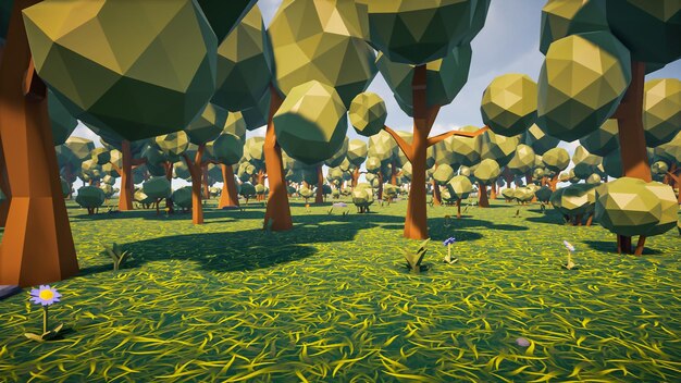 Low-Poly-Waldlandschaft Hintergrund ohne Menschen und Tiere 3D-Rendering