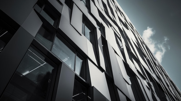 Low-Winkel-Aufnahme eines dunklen, kreativen, modernen Gebäudes mit herausragenden architektonischen Wendungen Generative AI AIG21