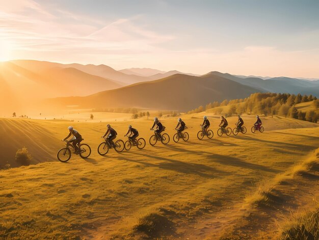 Lowangle-Aufnahme einer Reihe von Crosscountry-Bike-Fahrern, die bei Sonnenuntergang in der Gebirgslandschaft unterwegs sind