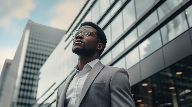 Lowangle-Aufnahme eines erfolgreichen, selbstbewussten afroamerikanischen Mannes, der optimistisch vorne steht