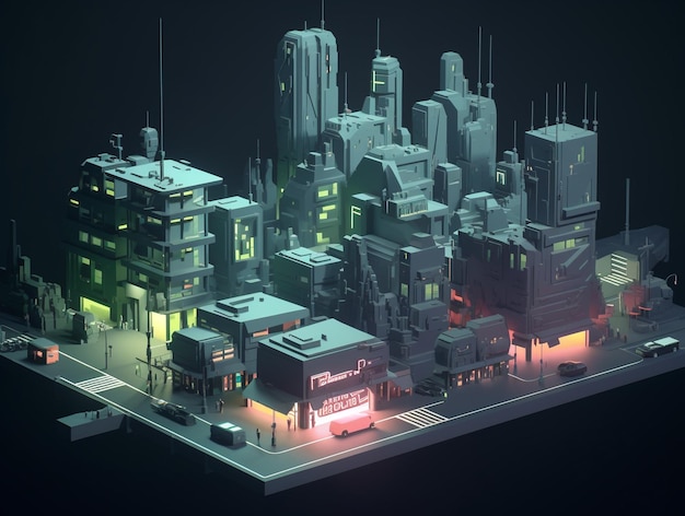 lowpoly cyberpunk cidade futurista 3d efeito renderizado modelo de cidade em miniatura ativo de jogo criativo