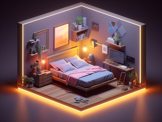 Lowpoly isometrisches ästhetisches Schlafzimmer kleines 3D-Zimmer mit RGB-Beleuchtung