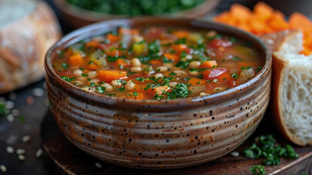 Lowsodium Gemüsesuppe Gerste herzhaft und warm Fotorealistisch HD