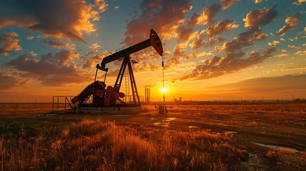 Ölpumpe auf dem Feld bei Sonnenuntergang