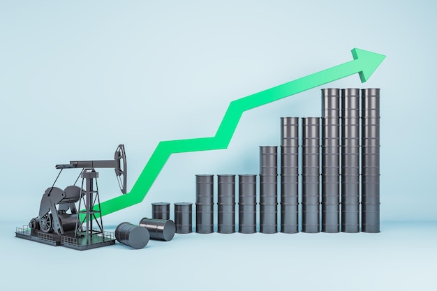 Ölpumpe und Fässer mit steigendem grünen Pfeil auf weißem Hintergrund Wachstums- und Wirtschaftskonzept 3D-Rendering