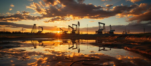 Ölpumpen bei Sonnenuntergang Ölindustrie Panoramablick