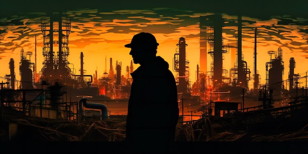 Ölraffinerie Gebäude Silhouetten und Mann Silhouette Silhouette Silhouette Ölindustrie