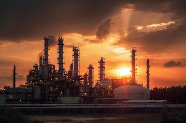 Ölraffinerieanlage bei Sonnenuntergang Öl- und Gasindustriezone Illustration generative ai