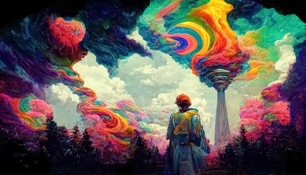 LSD psicodélico ou cogumelos mágicos alucinações hippie conceito design ilustração 3D