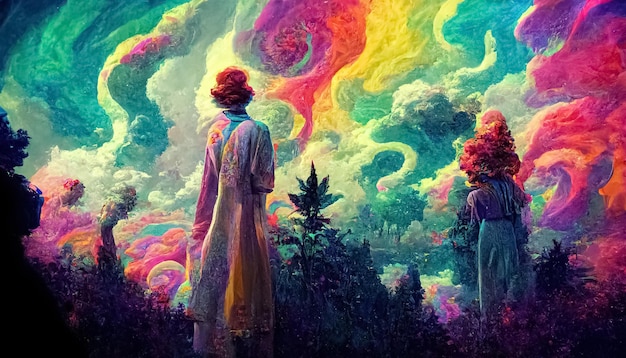 LSD psicodélico ou cogumelos mágicos alucinações hippie conceito design ilustração 3D