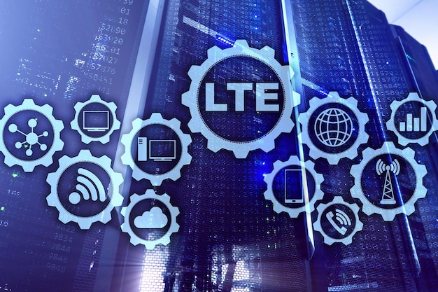 LTE Wireless Business Internet und Virtual Reality Konzept Informationskommunikationstechnologie auf einem Serverhintergrund