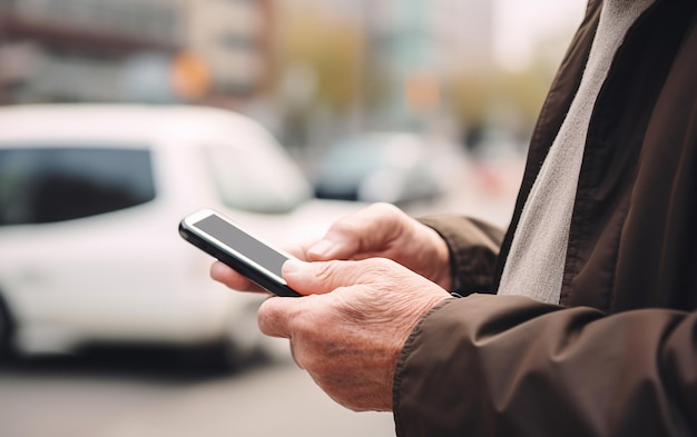 Ältere ältere Hände mit Smartphone auf der Straße