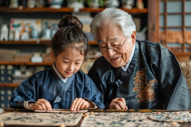 Ältere asiatische Frau in traditioneller Kleidung unterrichtet ein junges Mädchen zu Hause in Kalligraphie