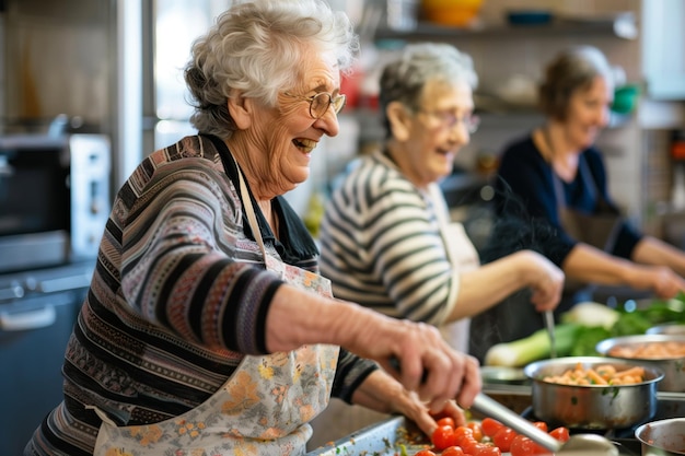 Ältere Damen mit Lächeln, die eine Mahlzeit zubereiten, die Wärme und Gefährtenschaft zeigen