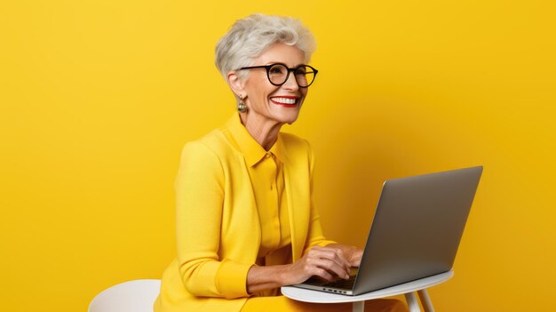 Ältere Frau arbeitet an einem Laptop auf einem gelben Hintergrund