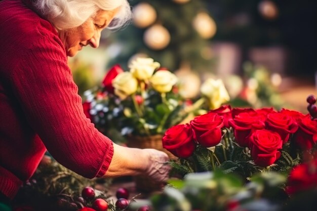 Ältere Frau arrangiert Weihnachtsblumen Konzept für festliche Vorbereitungen und Traditionen