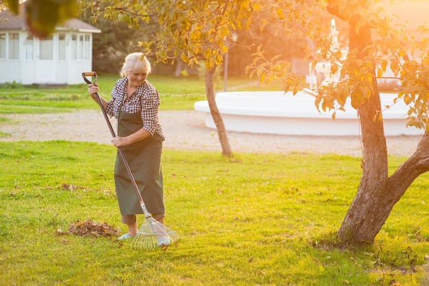 Ältere Frau, die mit Rechendame im sonnigen Garten arbeitet