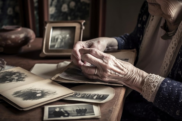 Ältere Frau, die sich ein Fotoalbum mit olpd-Fotos ansieht Bild im Retro-Stil Generative KI