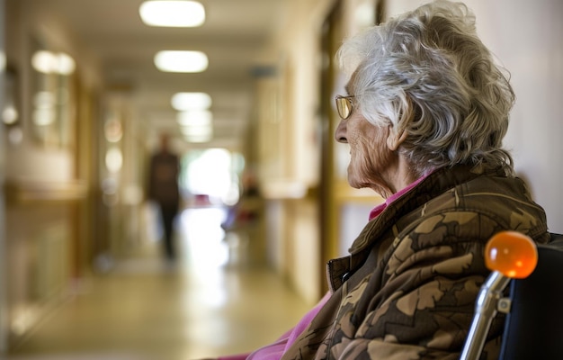 Ältere Frau im Rollstuhl sitzt im Flur eines Pflegeheims