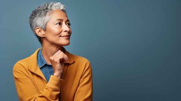 Ältere Frau in einer nachdenklichen Pose im blauen Hintergrund
