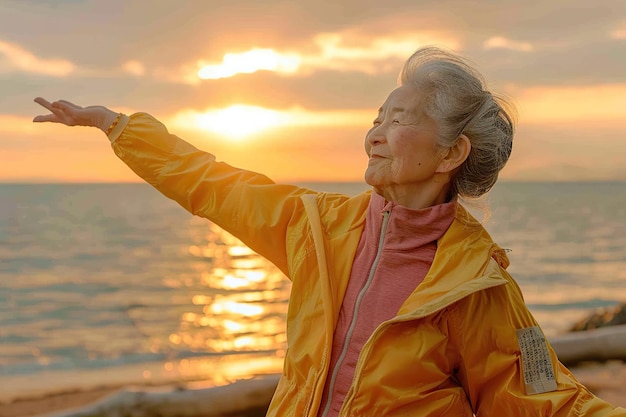 Ältere Frau in modischer Sportbekleidung, die sich in der Morgendämmerung auf einem Strand erstreckt, weiches Pastell, Sonnenaufgang, ruhiges Meer im Hintergrund