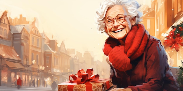 Ältere Frau in Winterkleidung im Hintergrund der Straßen der Weihnachtsstadt Illustration Winterferien