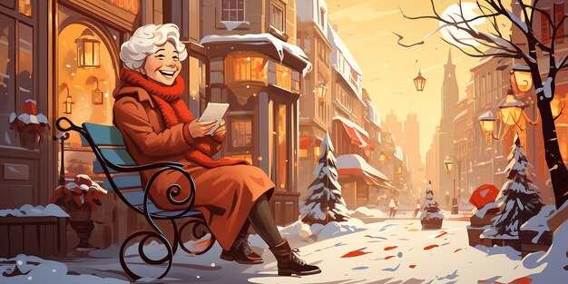 Ältere Frau in Winterkleidung im Hintergrund der Straßen der Weihnachtsstadt Illustration Winterferien