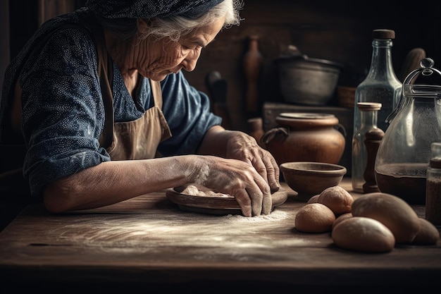 Ältere Frau knetet Brotteig auf einem Holztisch Generative KI