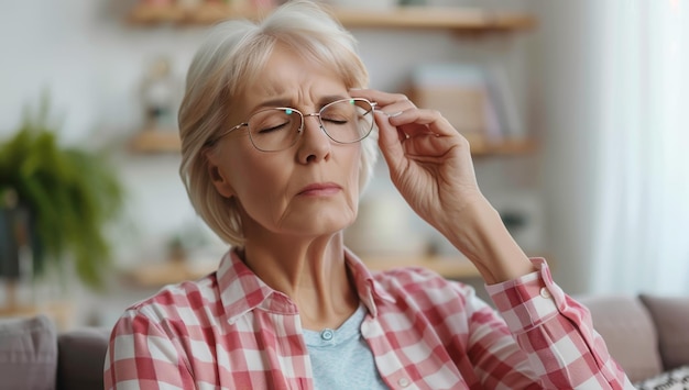 Ältere Frau mit Brille, die nachdenklich aussieht