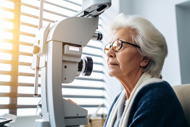 Ältere Frau mit Brille führt bei einem spezialisierten Optiker eine Augenuntersuchung durch