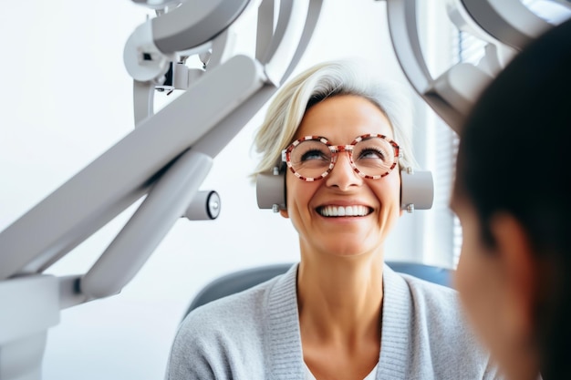 Ältere Frau mit Brille führt bei einem spezialisierten Optiker eine Augenuntersuchung durch