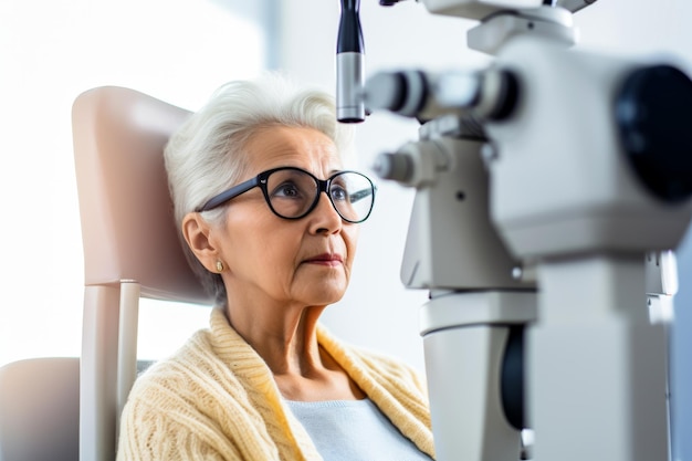 Ältere Frau mit Brille führt bei einem spezialisierten Optiker eine Augenuntersuchung durch